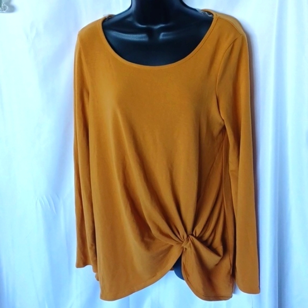Andrew by unit Vibrant Gold Long Sleeve Top with front tie, comfy, stretchy